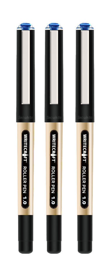 Three whitecraft roller pens with black bodies and blue nozzles on a white background