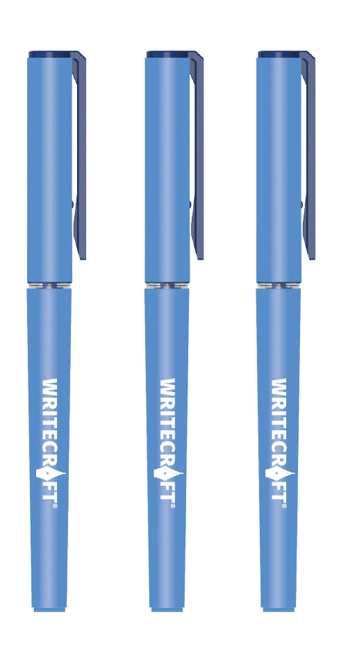 Three blueWritecraft pens on a white background