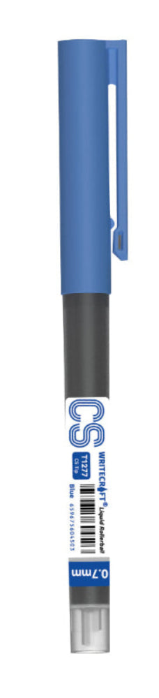 Blue and black pen with 'CS' branding on a white background